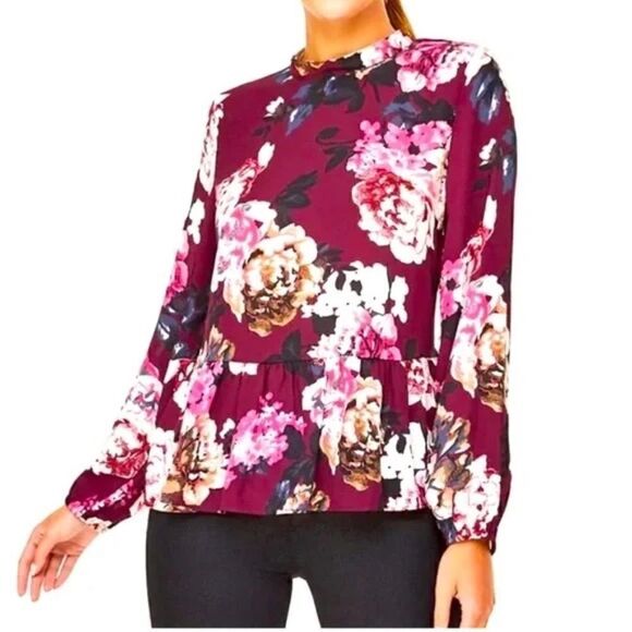 LOFT Maroon Floral Peplum Blouse D102 - Picture 1 of 8